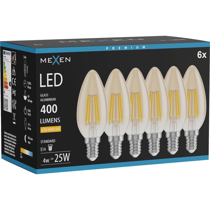 Mexen Vintis 6x LED-Filament-Birne E14, C35, 4W, Warm - 2200K, 400 lm, bernsteinfarben - L154-E14-0422-50x06