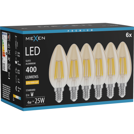 Mexen Vintis 6x LED-Filament-Birne E14, C35, 4W, Warm - 2200K, 400 lm, bernsteinfarben - L154-E14-0422-50x06