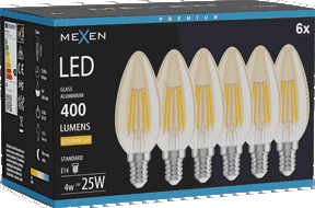 Mexen Vintis 6x LED-Filament-Birne E14, C35, 4W, Warm - 2200K, 400 lm, bernsteinfarben - L154-E14-0422-50x06