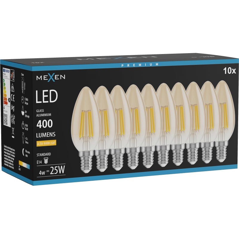 Mexen Vintis 10x LED-Filament-Glühbirne E14, C35, 4W, Warm - 2200K, 400 lm, amber - L154-E14-0422-50x10