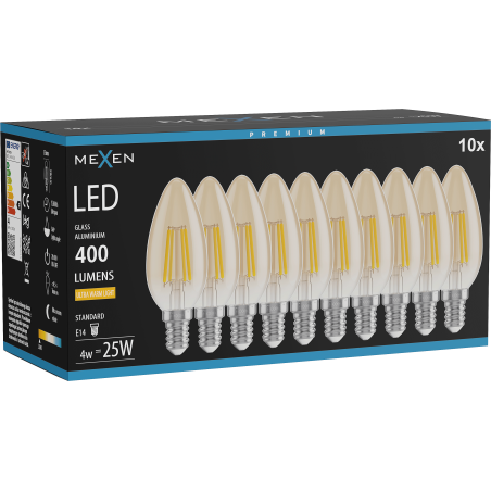 Mexen Vintis 10x LED-Filament-Glühbirne E14, C35, 4W, Warm - 2200K, 400 lm, amber - L154-E14-0422-50x10