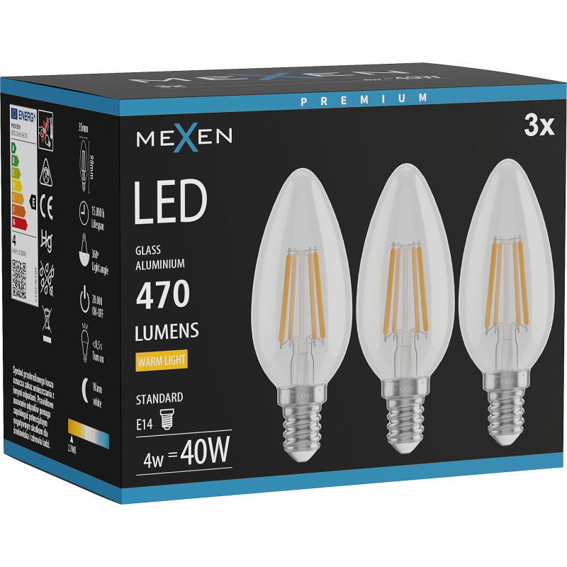 Mexen Vintis 3x LED-Filament-Glühbirne E14, C35, 4W, Warm - 2700K, 470 lm, klar - L154-E14-0427-00x03