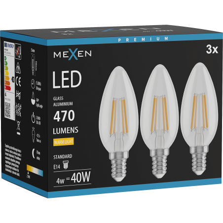 Mexen Vintis 3x LED-Filament-Glühbirne E14, C35, 4W, Warm - 2700K, 470 lm, klar - L154-E14-0427-00x03