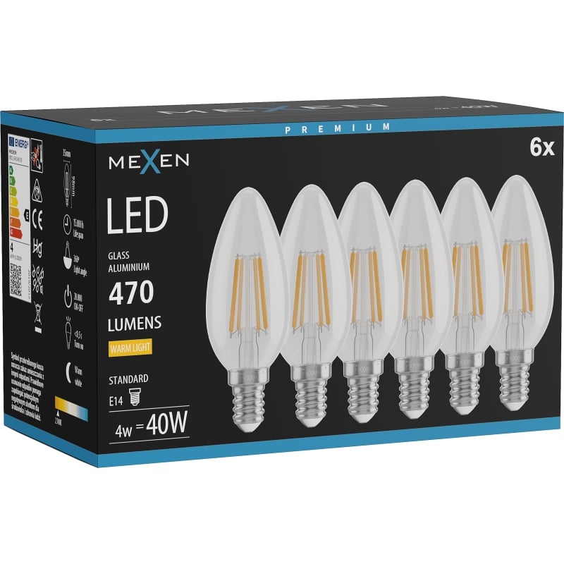 Mexen Vintis 6x LED-Filament-Glühbirne E14, C35, 4W, Warm - 2700K, 470 lm, klar - L154-E14-0427-00x06
