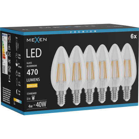 Mexen Vintis 6x LED-Filament-Glühbirne E14, C35, 4W, Warm - 2700K, 470 lm, klar - L154-E14-0427-00x06