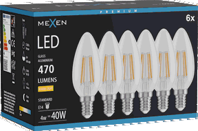 Mexen Vintis 6x LED-Filament-Glühbirne E14, C35, 4W, Warm - 2700K, 470 lm, klar - L154-E14-0427-00x06