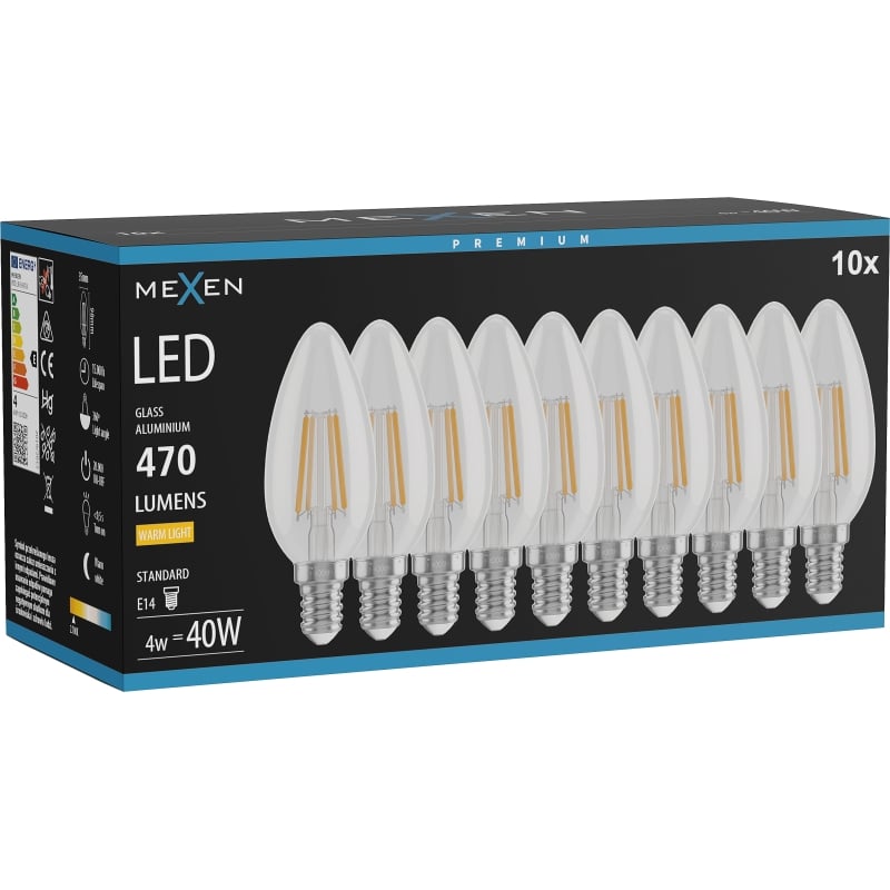 Mexen Vintis 10x LED-Filamentlampen E14, C35, 4W, Warm - 2700K, 470 lm, klar - L154-E14-0427-00x10