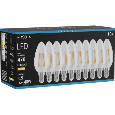 Mexen Vintis 10x LED-Filamentlampen E14, C35, 4W, Warm - 2700K, 470 lm, klar - L154-E14-0427-00x10