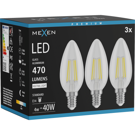 Mexen Vintis 3x LED-Filamentlampe E14, C35, 4W, Neutral - 4000K, 470 lm, klar - L154-E14-0427-00x03 - L154-E14-0440-00x03