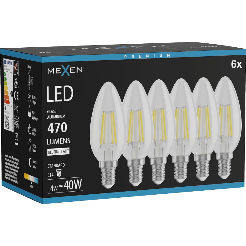 Mexen Vintis 6x LED-Filamentlampe E14, C35, 4W, Neutral - 4000K, 470 lm, klar - L154-E14-0427-00x06 - L154-E14-0440-00x06