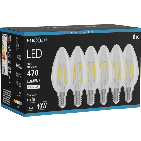 Mexen Vintis 6x LED-Filamentlampe E14, C35, 4W, Neutral - 4000K, 470 lm, klar - L154-E14-0427-00x06 - L154-E14-0440-00x06