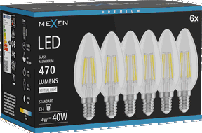 Mexen Vintis 6x LED-Filamentlampe E14, C35, 4W, Neutral - 4000K, 470 lm, klar - L154-E14-0427-00x06 - L154-E14-0440-00x06