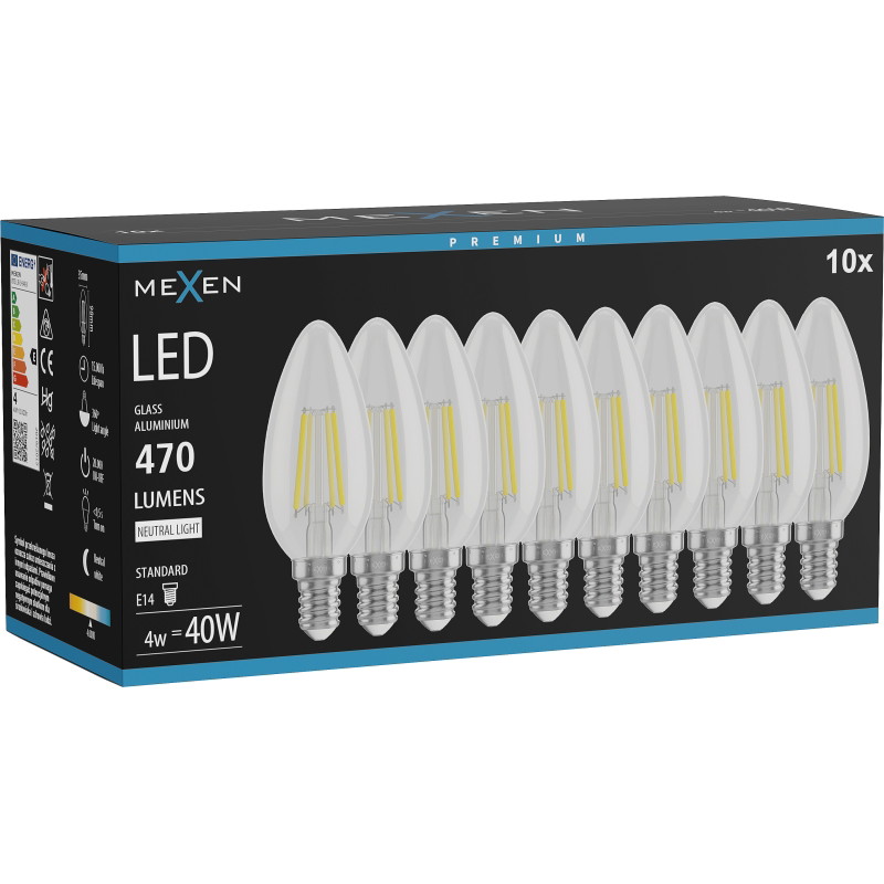 Mexen Vintis 10x LED-Filamentlampe E14, C35, 4W, Neutral - 4000K, 470 lm, klar - L154-E14-0427-00x10 - L154-E14-0440-00x10