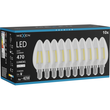 Mexen Vintis 10x LED-Filamentlampe E14, C35, 4W, Neutral - 4000K, 470 lm, klar - L154-E14-0427-00x10 - L154-E14-0440-00x10