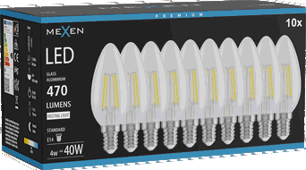 Mexen Vintis 10x LED-Filamentlampe E14, C35, 4W, Neutral - 4000K, 470 lm, klar - L154-E14-0427-00x10 - L154-E14-0440-00x10