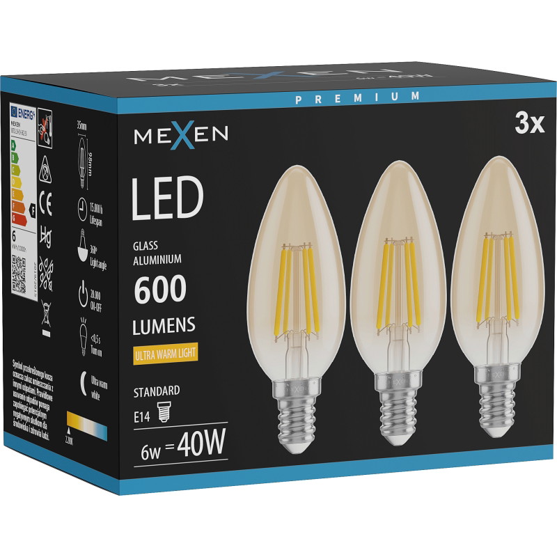 Mexen Vintis 3x Filament-LED-Glühbirne E14, C35, 6W, Warm - 2200K, 600 lm, bernstein - L154-E14-0622-50x03