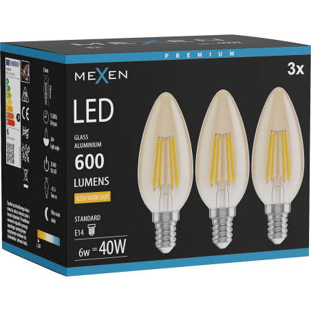 Mexen Vintis 3x Filament-LED-Glühbirne E14, C35, 6W, Warm - 2200K, 600 lm, bernstein - L154-E14-0622-50x03