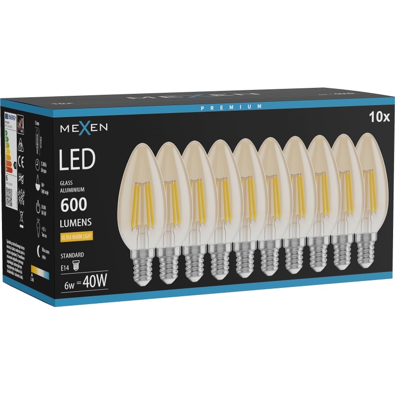 Mexen Vintis 10x LED-Filament-Glühbirne E14, C35, 6W, Warm - 2200K, 600 lm, amber - L154-E14-0622-50x10
