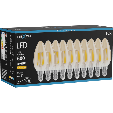 Mexen Vintis 10x LED-Filament-Glühbirne E14, C35, 6W, Warm - 2200K, 600 lm, amber - L154-E14-0622-50x10
