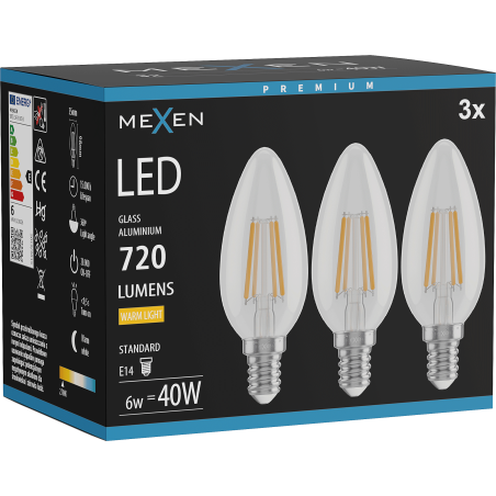 Mexen Vintis 3x LED-Filament-Glühbirne E14, C35, 6W, Warm - 2700K, 720 lm, klar - L154-E14-0627-00x03