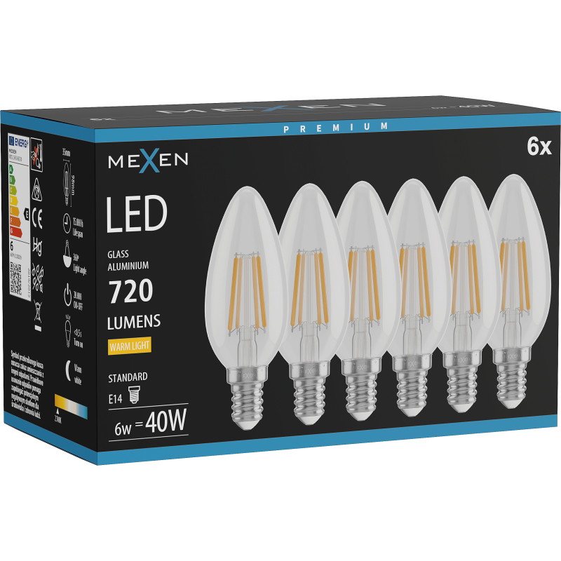 Mexen Vintis 6x LED-Filament-Glühbirne E14, C35, 6W, Warm - 2700K, 720 lm, klar - L154-E14-0627-00x06