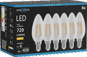 Mexen Vintis 6x LED-Filament-Glühbirne E14, C35, 6W, Warm - 2700K, 720 lm, klar - L154-E14-0627-00x06