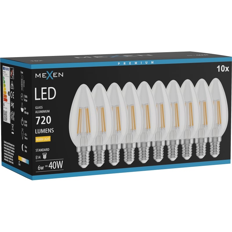 Mexen Vintis 10x LED-Filamentlampe E14, C35, 6W, Warm - 2700K, 720 lm, klar - L154-E14-0627-00x10