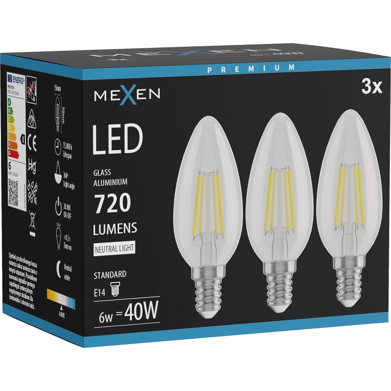 Mexen Vintis 3x LED Filament Glühbirne E14, C35, 6W, Neutral - 4000K, 720 lm, klar - L154-E14-0640-00x03