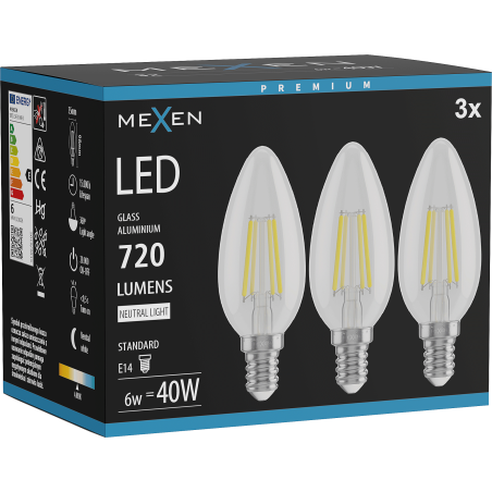 Mexen Vintis 3x LED Filament Glühbirne E14, C35, 6W, Neutral - 4000K, 720 lm, klar - L154-E14-0640-00x03