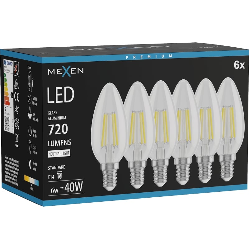 Mexen Vintis 6x LED-Fadenlampe E14, C35, 6W, Neutral - 4000K, 720 lm, klar - L154-E14-0640-00x06