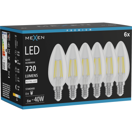 Mexen Vintis 6x LED-Fadenlampe E14, C35, 6W, Neutral - 4000K, 720 lm, klar - L154-E14-0640-00x06