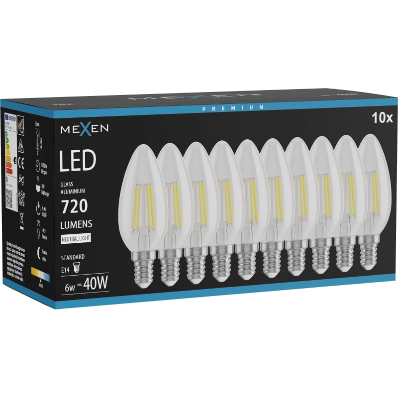 Mexen Vintis 10x LED-Filamentlampe E14, C35, 6W, Neutral - 4000K, 720 lm, klar - L154-E14-0640-00x10