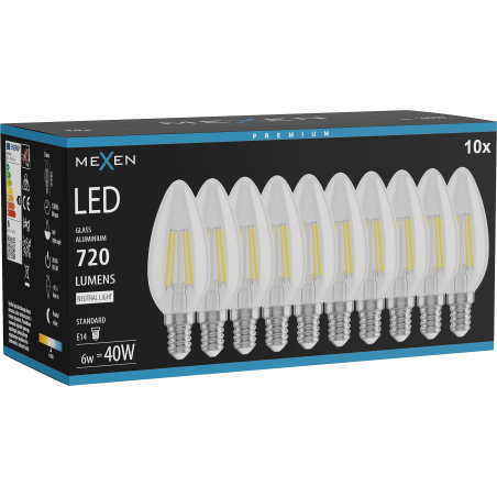 Mexen Vintis 10x LED-Filamentlampe E14, C35, 6W, Neutral - 4000K, 720 lm, klar - L154-E14-0640-00x10