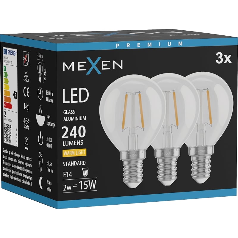 Mexen Vintis 3x LED-Filament-Glühbirne E14, G45, 2W, Warm - 2700K, 240 lm, klar - L156-E14-0227-00x03