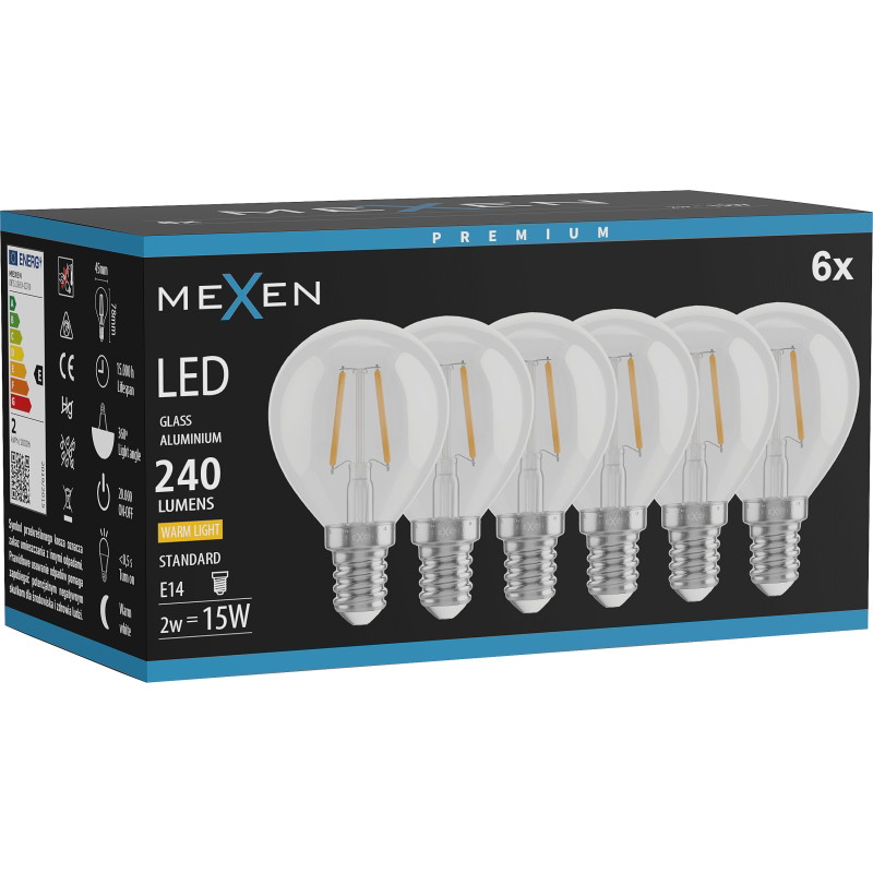 Mexen Vintis 6x LED-Filament-Glühbirne E14, G45, 2W, Warm - 2700K, 240 lm, klar - L156-E14-0227-00x06