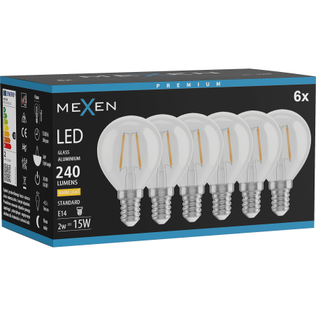 Mexen Vintis 6x LED-Filament-Glühbirne E14, G45, 2W, Warm - 2700K, 240 lm, klar - L156-E14-0227-00x06