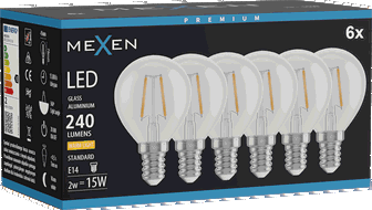 Mexen Vintis 6x LED-Filament-Glühbirne E14, G45, 2W, Warm - 2700K, 240 lm, klar - L156-E14-0227-00x06