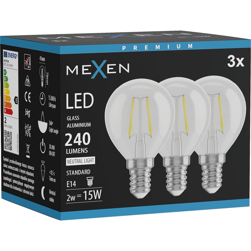 Mexen Vintis 3x LED-Filamentlampe E14, G45, 2W, Neutralweiß - 4000K, 240 lm, klar - L156-E14-0240-00x03