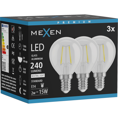 Mexen Vintis 3x LED-Filamentlampe E14, G45, 2W, Neutralweiß - 4000K, 240 lm, klar - L156-E14-0240-00x03