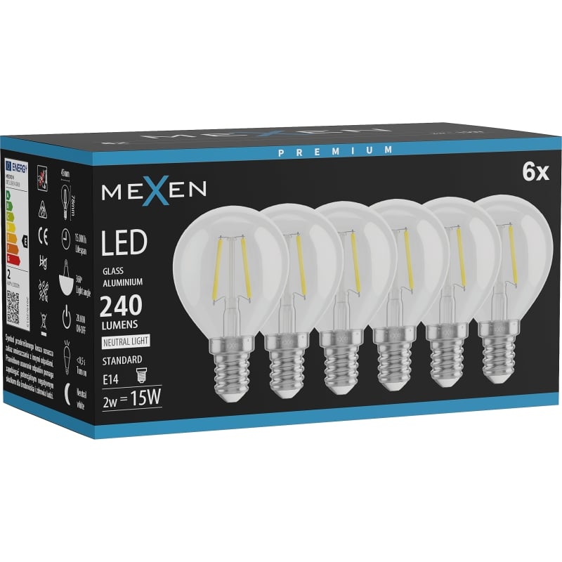Mexen Vintis 6x LED-Filament-Glühbirne E14, G45, 2W, Neutral - 4000K, 240 lm, klar - L156-E14-0240-00x06