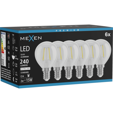 Mexen Vintis 6x LED-Filament-Glühbirne E14, G45, 2W, Neutral - 4000K, 240 lm, klar - L156-E14-0240-00x06