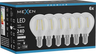 Mexen Vintis 6x LED-Filament-Glühbirne E14, G45, 2W, Neutral - 4000K, 240 lm, klar - L156-E14-0240-00x06