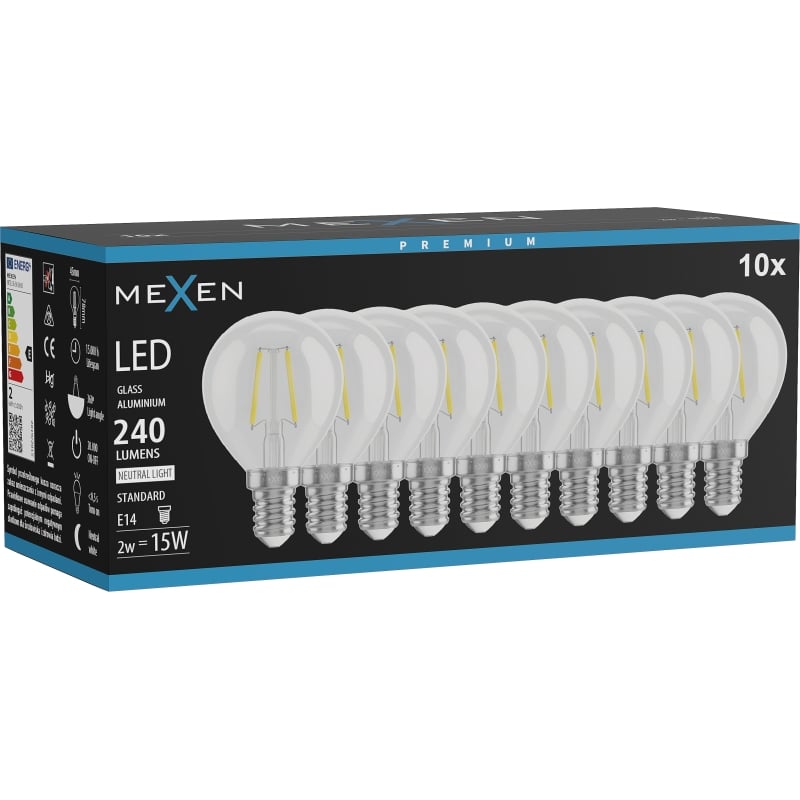 Mexen Vintis 10x LED-Filament-Glühbirne E14, G45, 2W, Neutral - 4000K, 240 lm, klar - L156-E14-0240-00x10