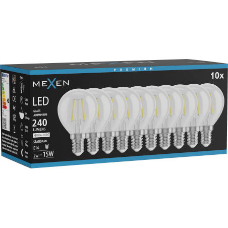 Mexen Vintis 10x LED-Filament-Glühbirne E14, G45, 2W, Neutral - 4000K, 240 lm, klar - L156-E14-0240-00x10