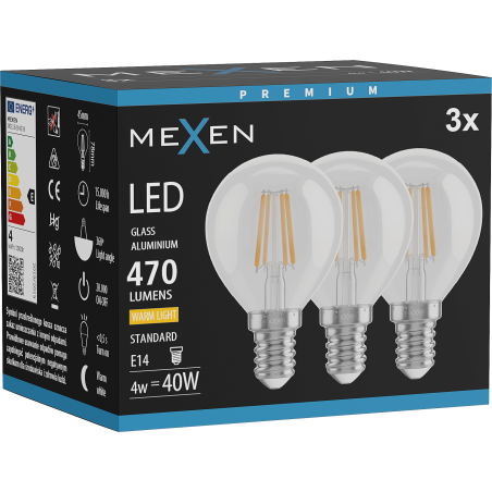 Mexen Vintis 3x LED-Filament-Glühbirne E14, G45, 4W, Warm - 2700K, 470 lm, klar - L156-E14-0427-00x03
