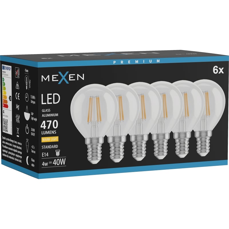 Mexen Vintis 6x LED-Filament-Glühbirne E14, G45, 4W, Warm - 2700K, 470 lm, klar - L156-E14-0427-00x06