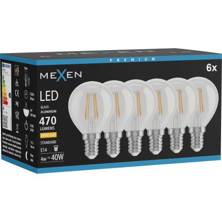 Mexen Vintis 6x LED-Filament-Glühbirne E14, G45, 4W, Warm - 2700K, 470 lm, klar - L156-E14-0427-00x06