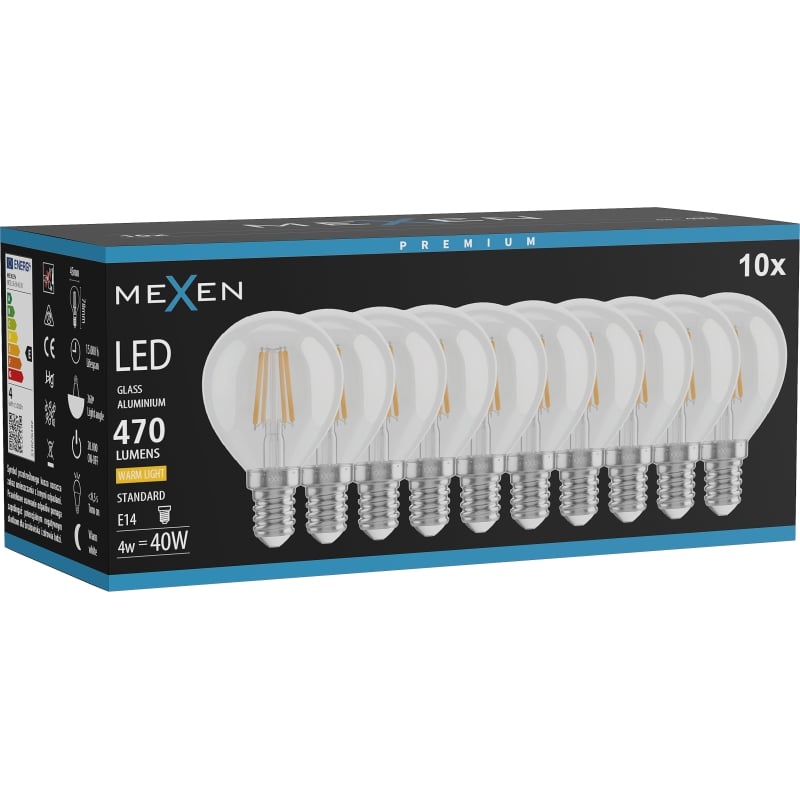 Mexen Vintis 10x LED-Filamentlampe E14, G45, 4W, Warm - 2700K, 470 lm, klar - L156-E14-0427-00x10