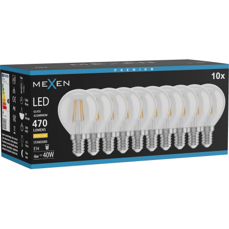 Mexen Vintis 10x LED-Filamentlampe E14, G45, 4W, Warm - 2700K, 470 lm, klar - L156-E14-0427-00x10
