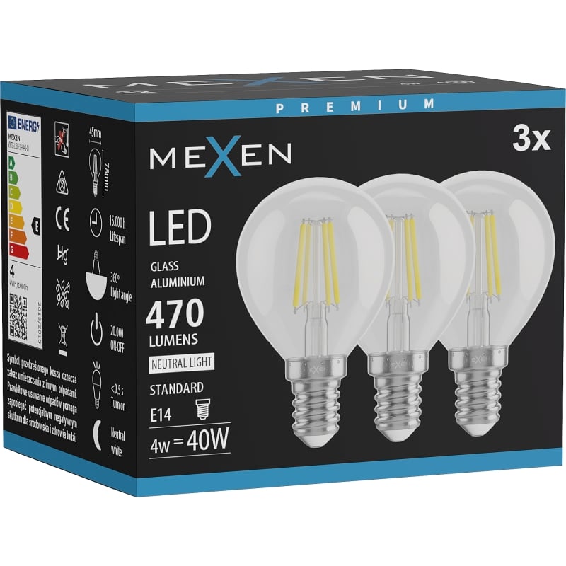 Mexen Vintis 3x LED-Filamentlampe E14, G45, 4W, Neutral - 4000K, 470 lm, klar - L156-E14-0427-00x03 - L156-E14-0440-00x03